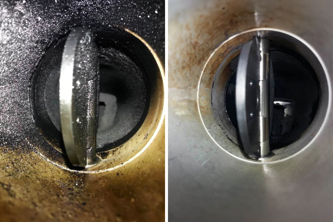 Close-up of a butterfly valve before and after cleaning