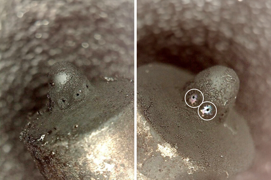 Close-up of a common rail injector before and after cleaning