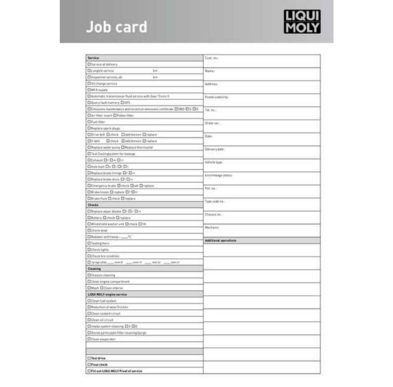 Job cards pad for workshops
